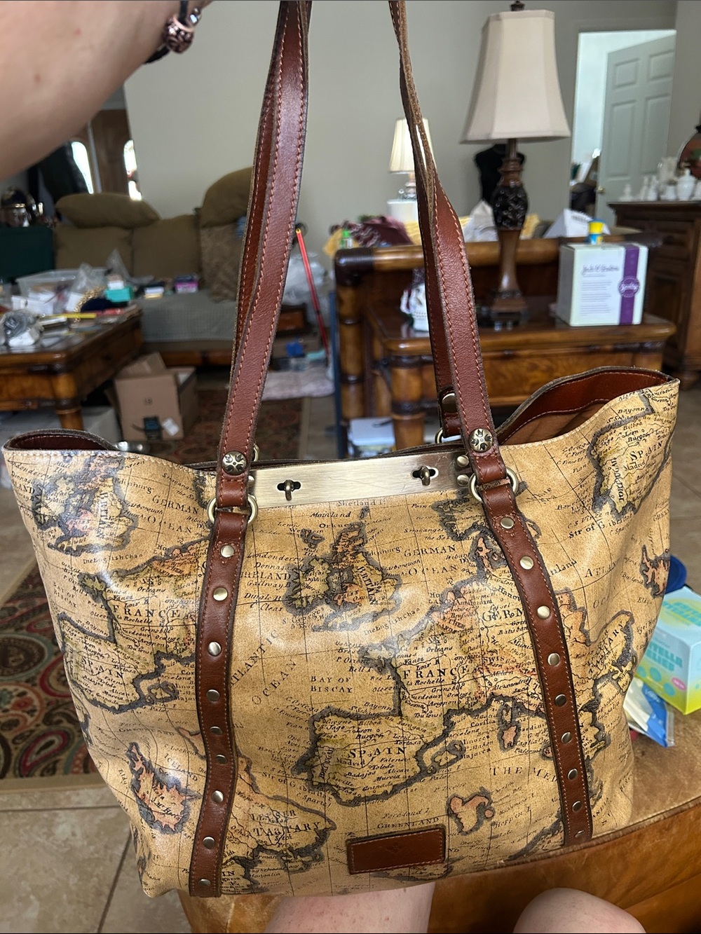 Patricia Nash Tan Map-Print Tote with Brown Leather Straps